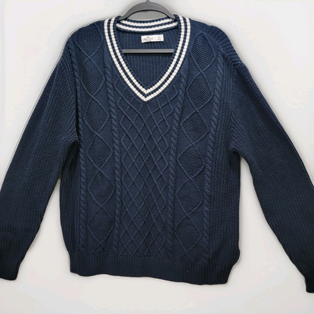 Y2K Hollister Mens XS Navy Blue White Striped V-Neck Cable Knit Sweater Pullover